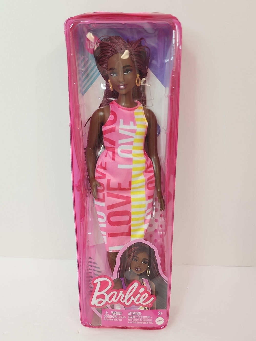 Barbie Fashionistas #186 Black Doll Pink Logo Dress Braids NRFB 2022